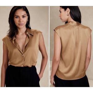 Banana Republic Factory Collared Blouse LARGE Afternoon Latte Sleeveless Shirt